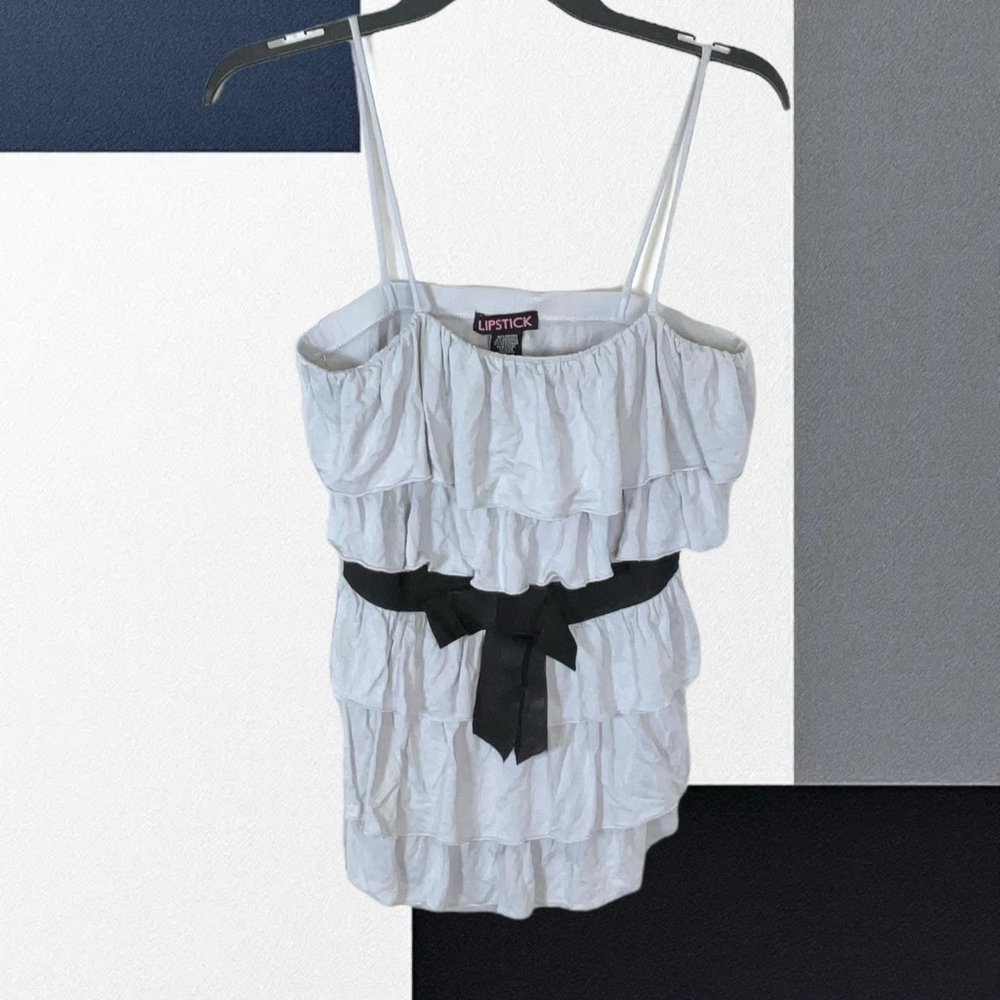 Lipstick (Vintage?) Baby Blue Gray Spaghetti Strap Ruffle Tiered Top Women Large - Picture 5 of 5